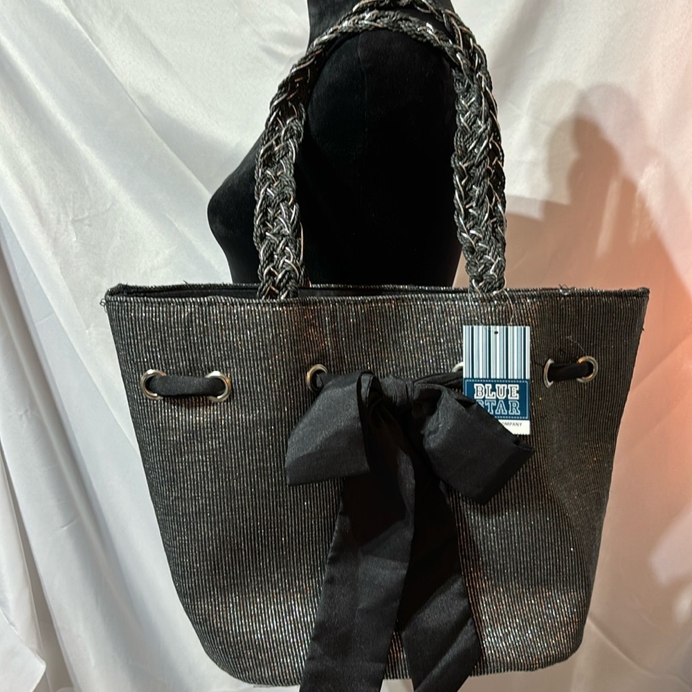 Blue Stars Black Metallic Tote Bag with Black Bow